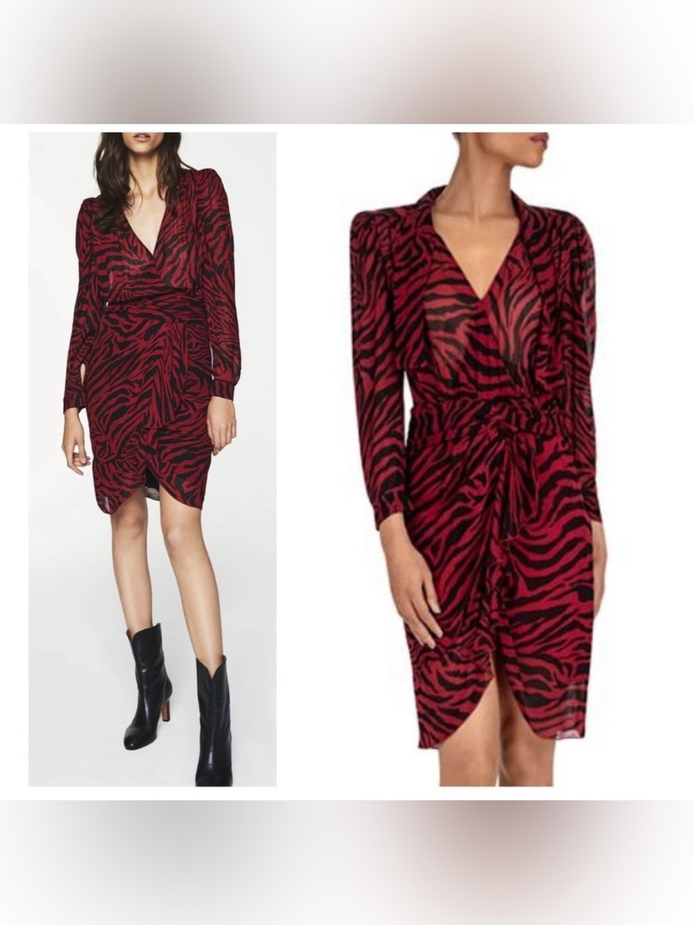 ba&sh Red and Black Long Sleeve Zebra Print Wrap Dress
